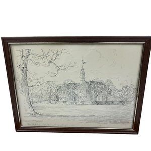 Vintage Framed Drawing The Capitol Williamsburg Virginia Signed Charles H Overly